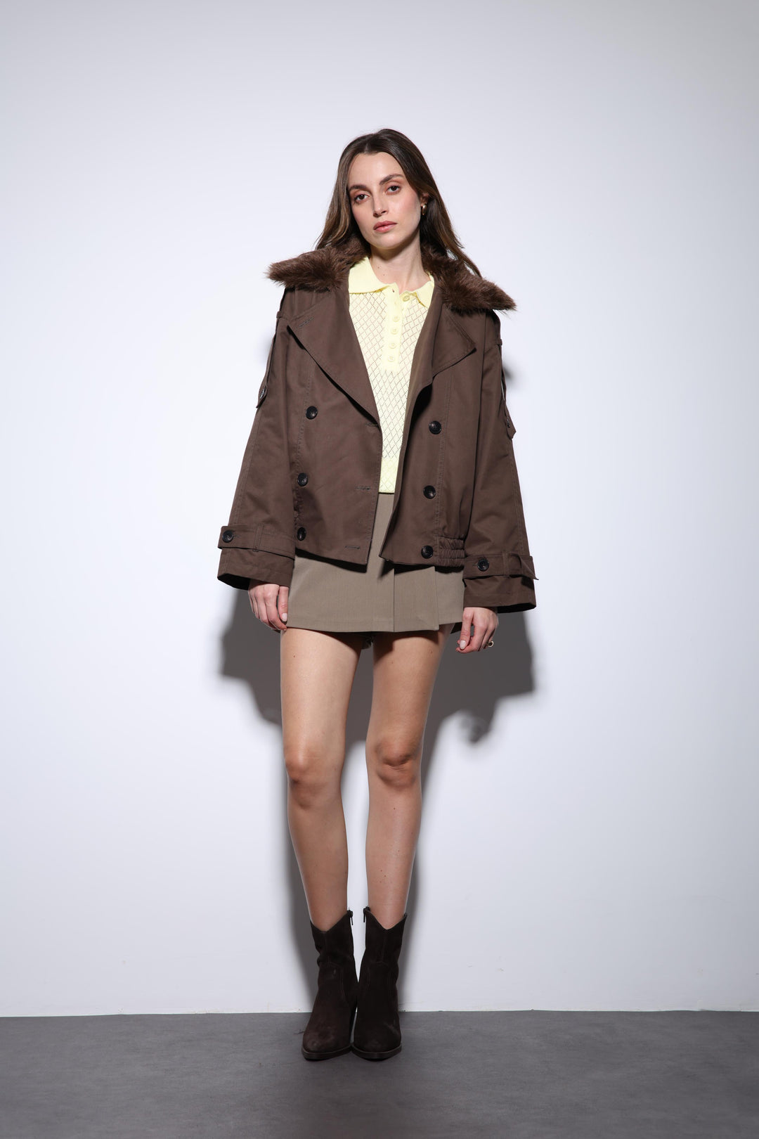 ANT Antioch Coffee Faux Fur Short Women's Trench Coat - Kleve