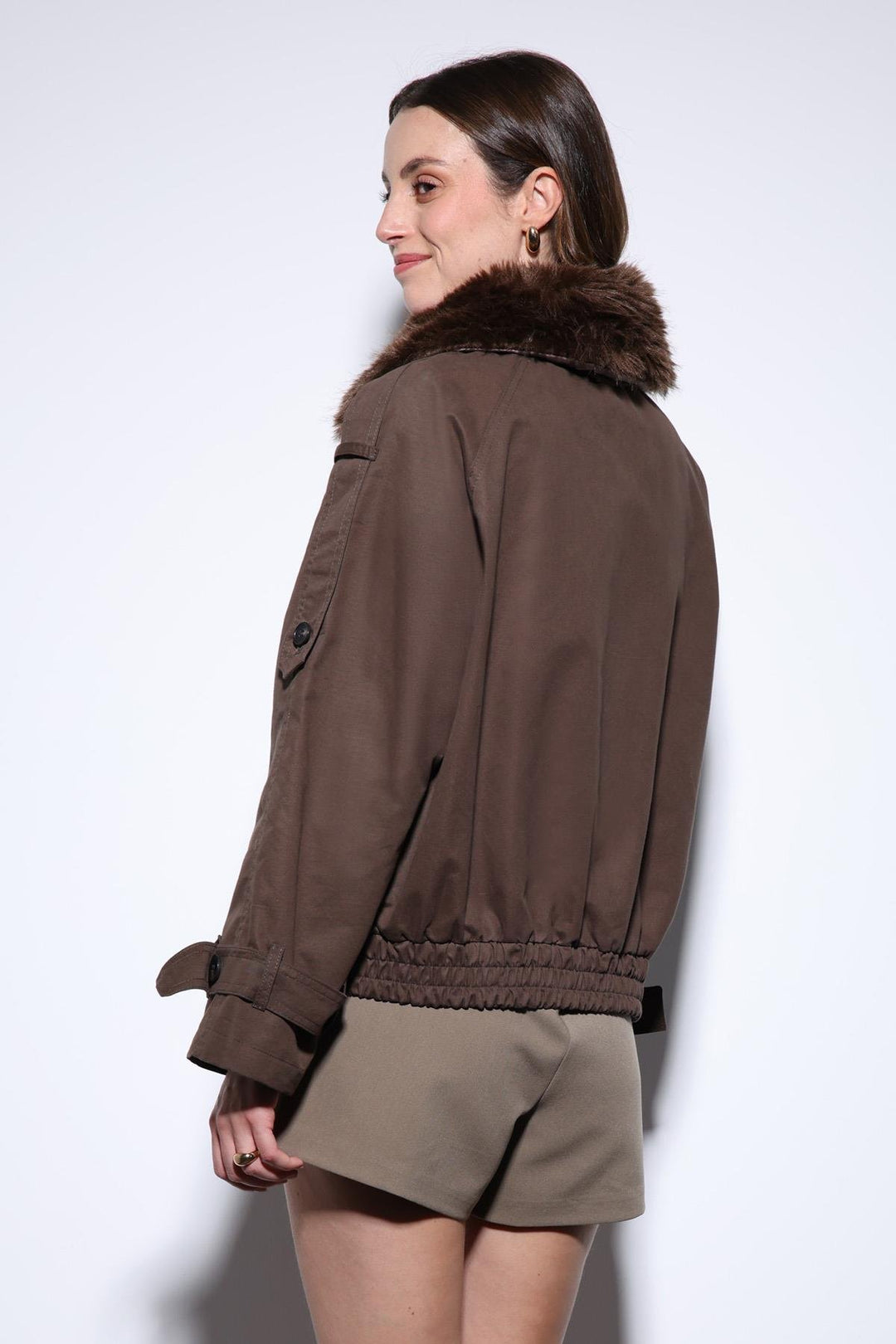 ANT Antioch Coffee Faux Fur Short Women's Trench Coat - Kleve