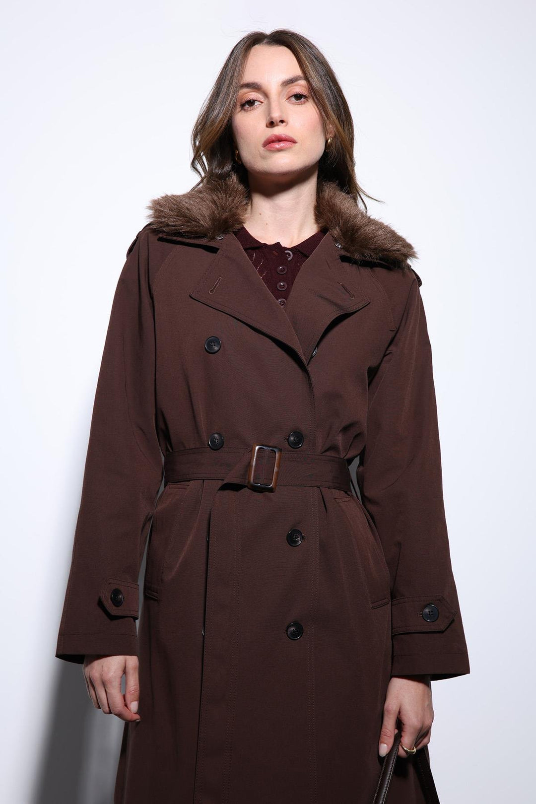 ANT Antioch Coffee Faux Fur Collar Women's Trench Coat - Ciudad Mante