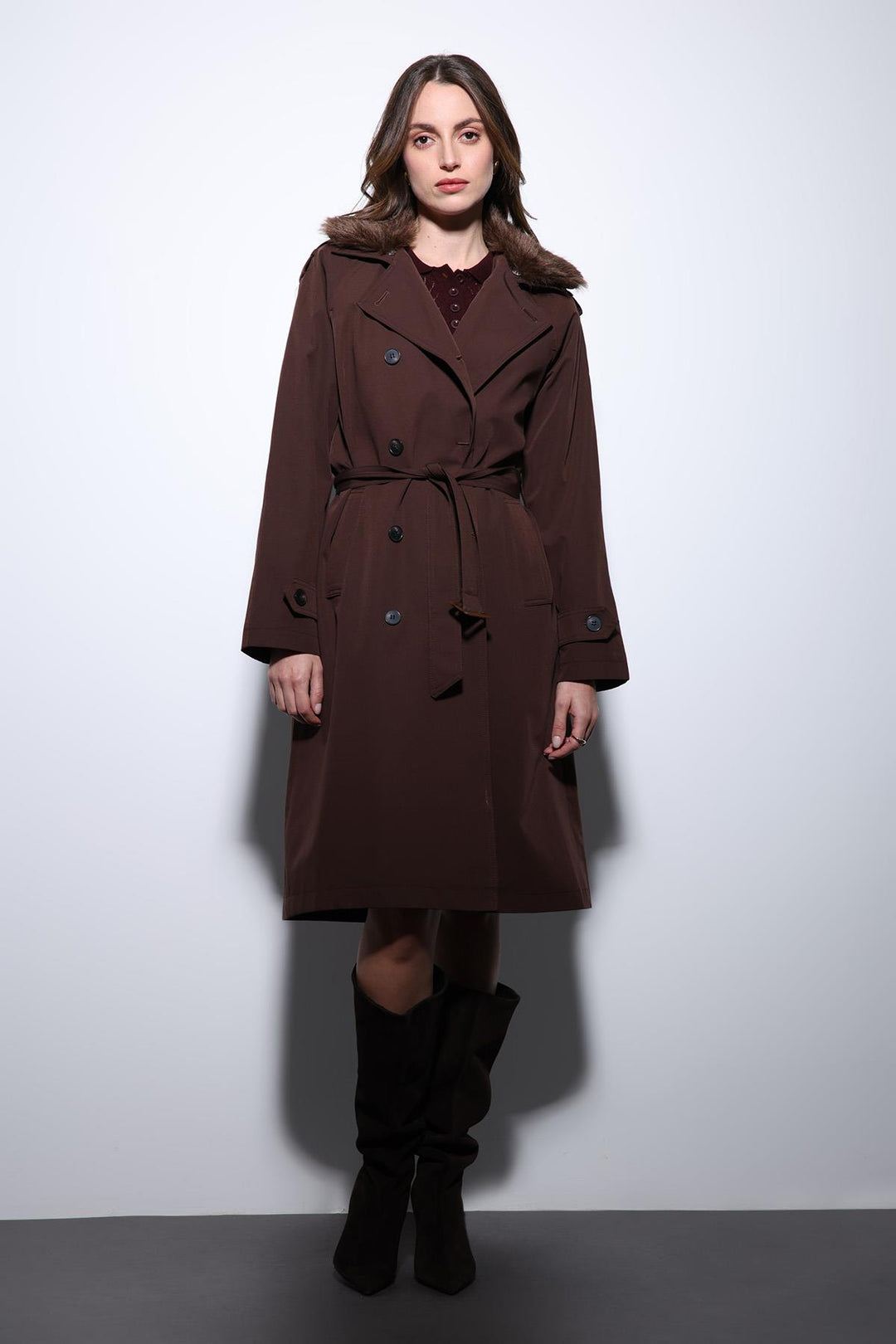 ANT Antioch Coffee Faux Fur Collar Women's Trench Coat - Ciudad Mante