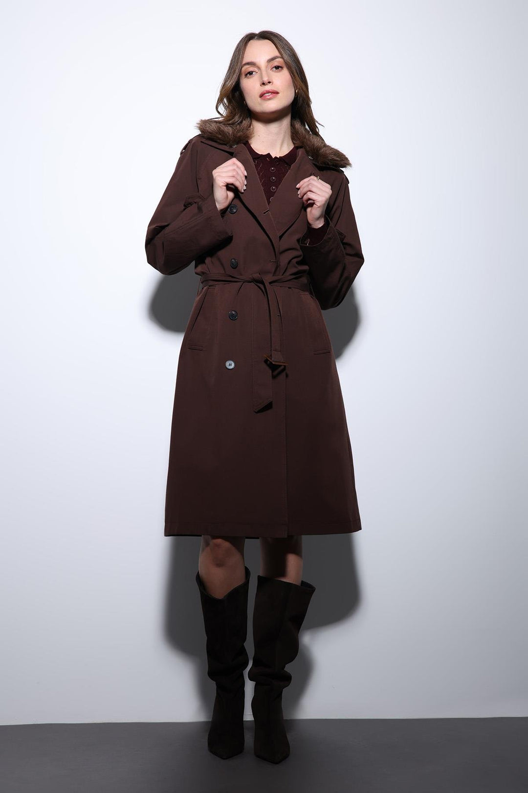 ANT Antioch Coffee Faux Fur Collar Women's Trench Coat - Ciudad Mante