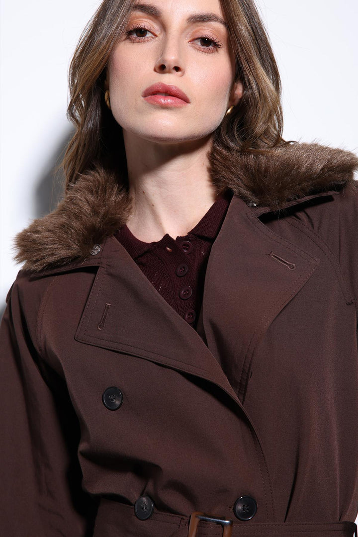 ANT Antioch Coffee Faux Fur Collar Women's Trench Coat - Ciudad Mante