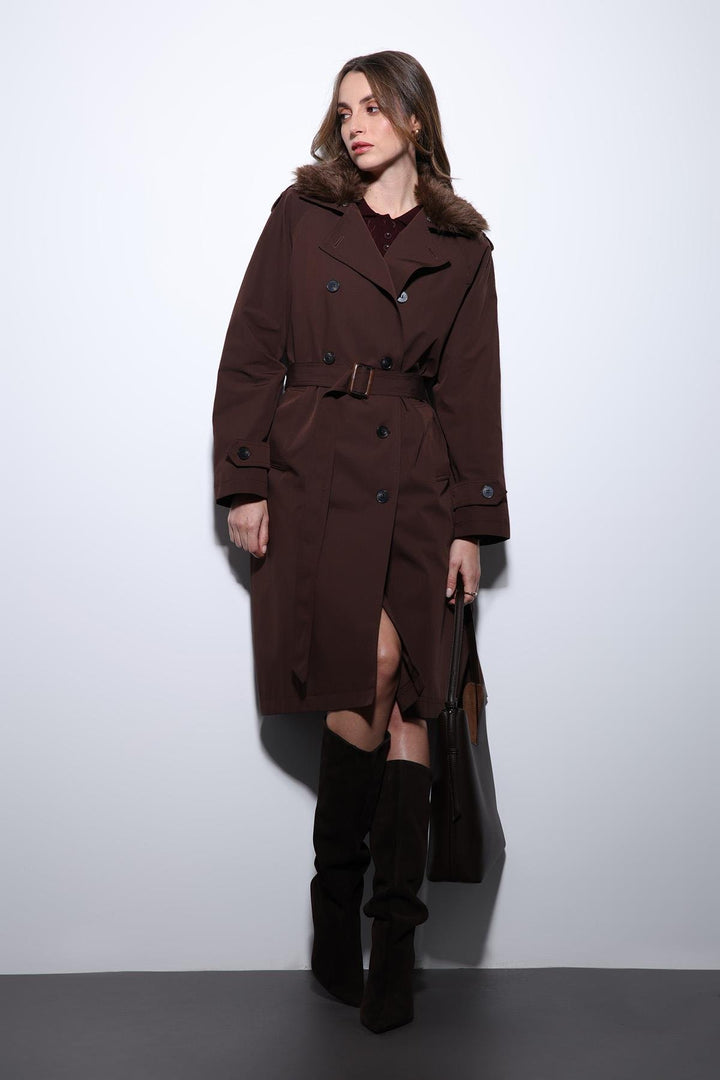 ANT Antioch Coffee Faux Fur Collar Women's Trench Coat - Ciudad Mante