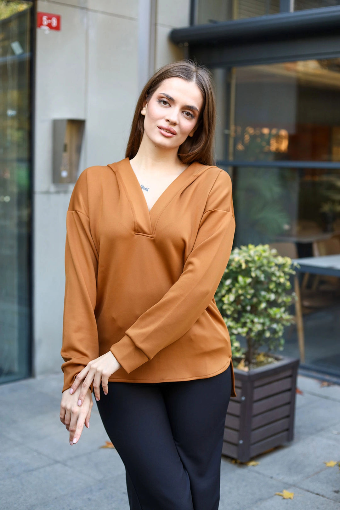 Coffee V Neck Hooded Back Long Scuba Baggy Sweatshirt BCBSK-25700-3506 - Eugene
