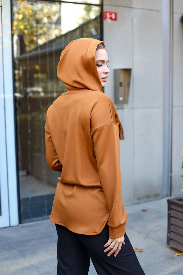 Coffee V Neck Hooded Back Long Scuba Baggy Sweatshirt BCBSK-25700-3506 - Eugene