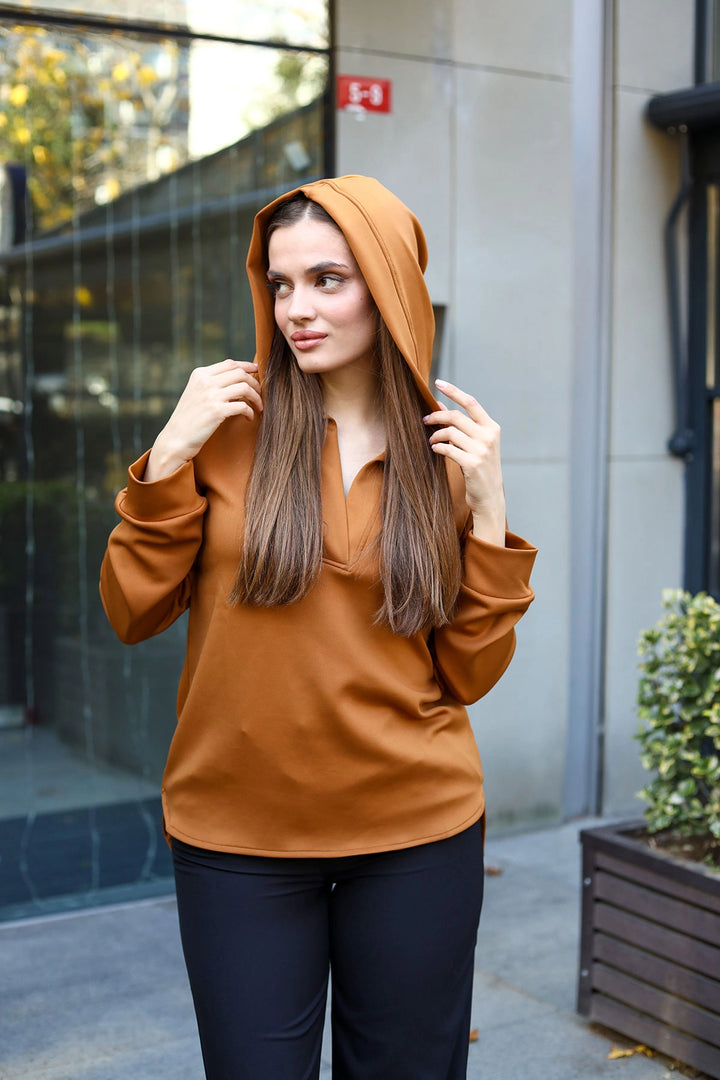 Coffee V Neck Hooded Back Long Scuba Baggy Sweatshirt BCBSK-25700-3506 - Eugene