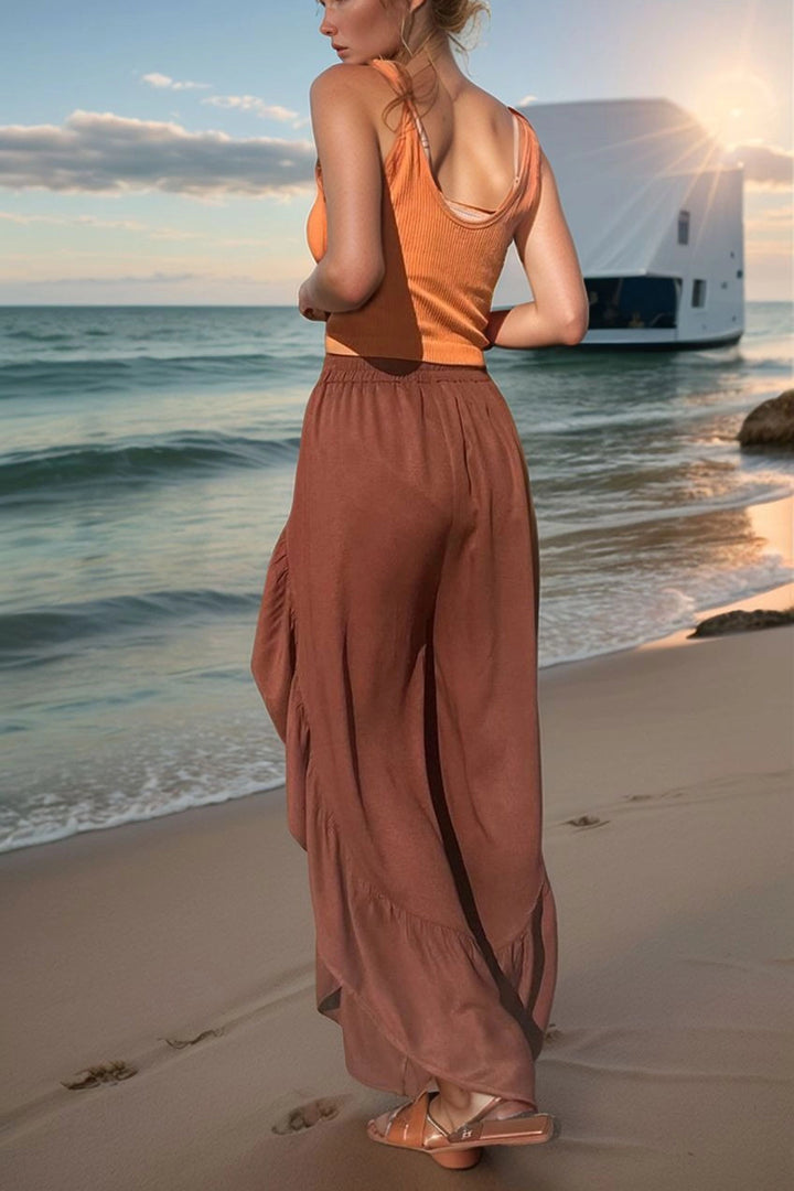 Coffee Side Frilly Slit Elastic Waist Loose Fit Baggy Pants BCBSK-25700-3635 - Merksem