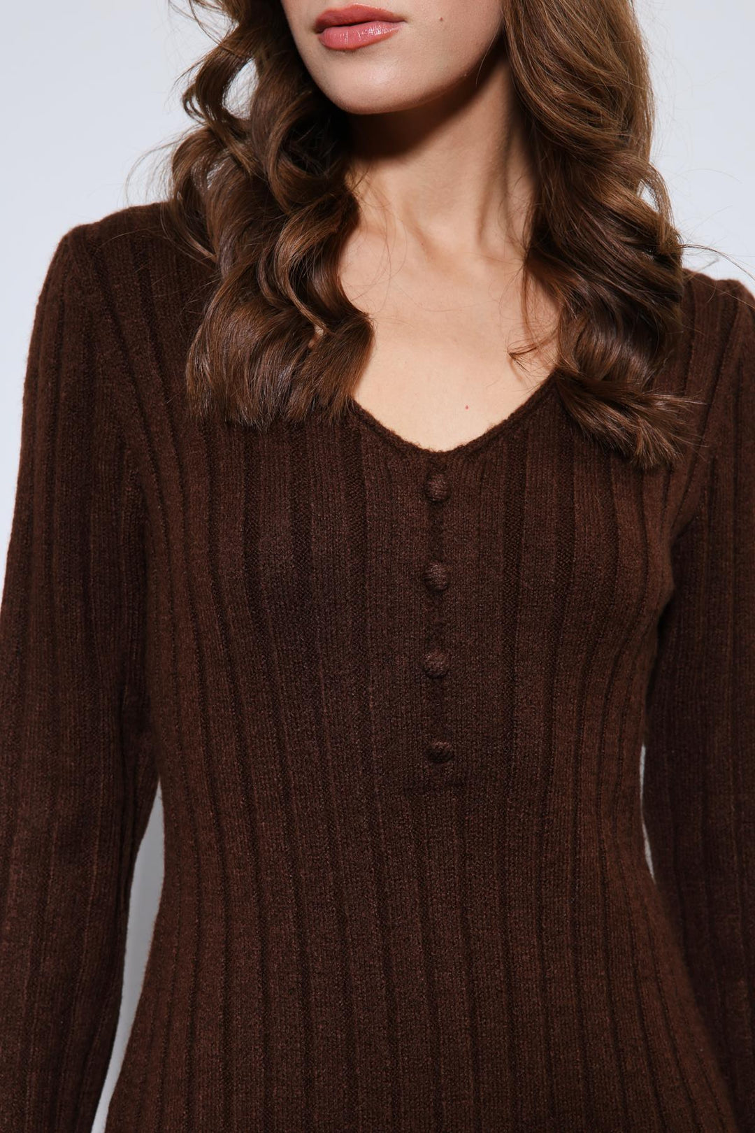 ANT Antioch Kahve Yırtmaç Detaylı Triko Elbise - Herten