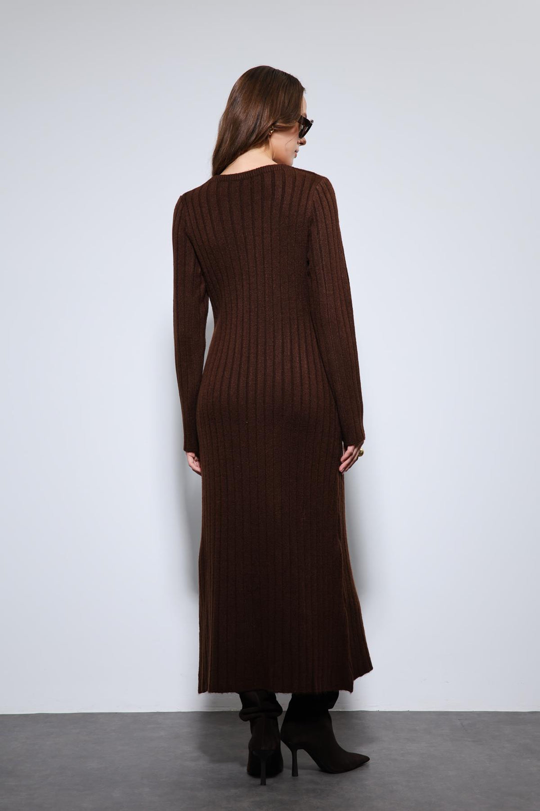 ANT Antioch Kahve Yırtmaç Detaylı Triko Elbise - Herten