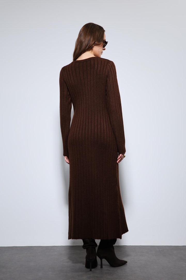 ANT Antioch Kahve Yırtmaç Detaylı Triko Elbise - Herten