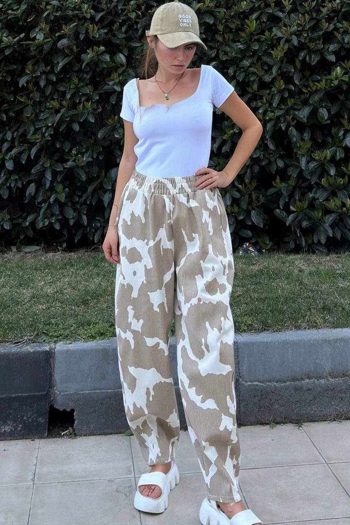 Coffee High Waist Elastic Waist Pants BCBSK-25700-3548 - Castleford