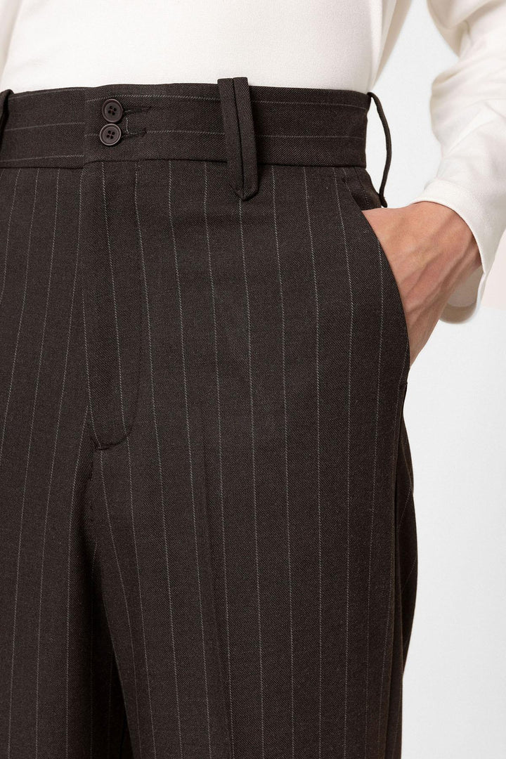 ANT Antioch Kahve Yüksek Bel Çizgili Relaxed Fit Erkek Pantolon - Sète