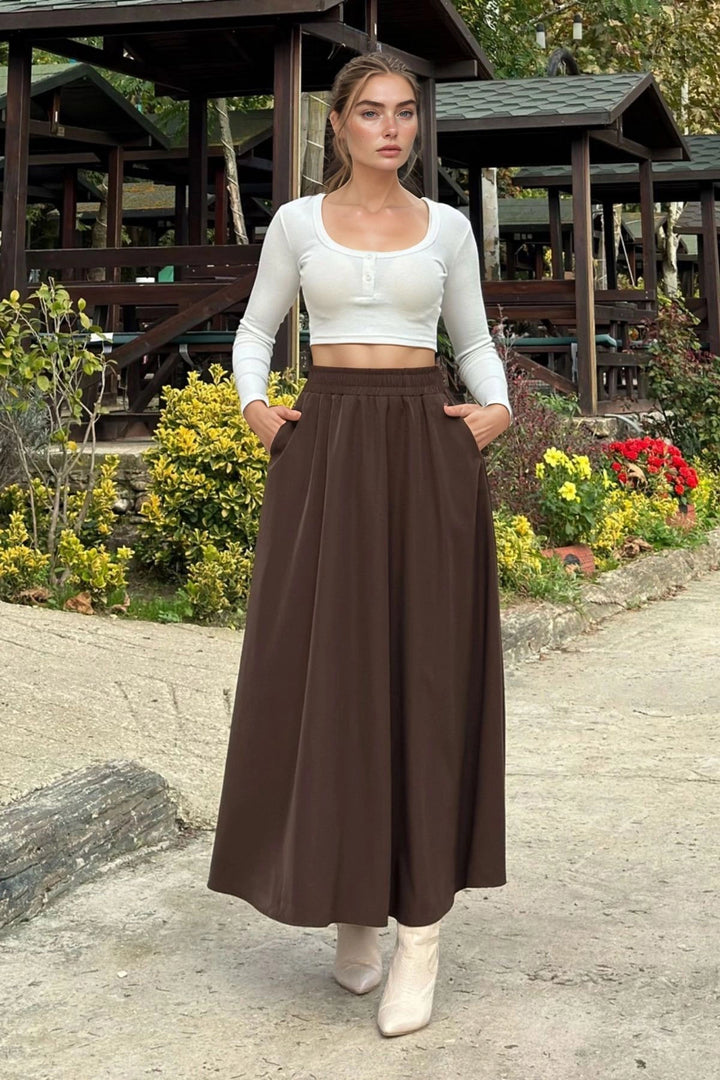 Coffee High Waisted Elastic Long Skirt BCBSK-25700-3676 - Gronau