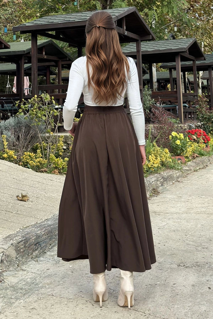 Coffee High Waisted Elastic Long Skirt BCBSK-25700-3676 - Gronau