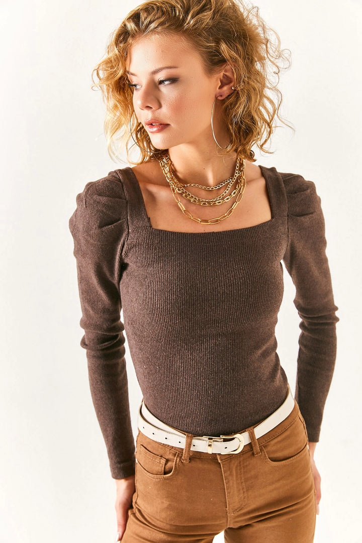 Coffee Soft Textured Square Neck Daily Blouse BCBSK-25700-K7482 - Tezoyuca
