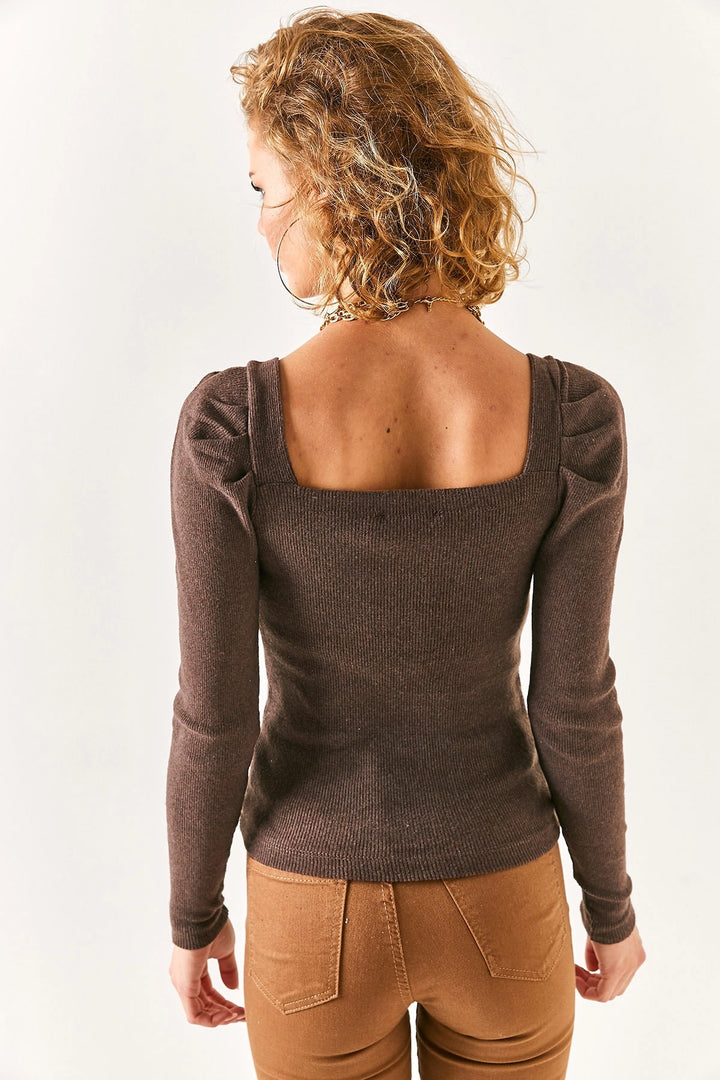 Coffee Soft Textured Square Neck Daily Blouse BCBSK-25700-K7482 - Tezoyuca