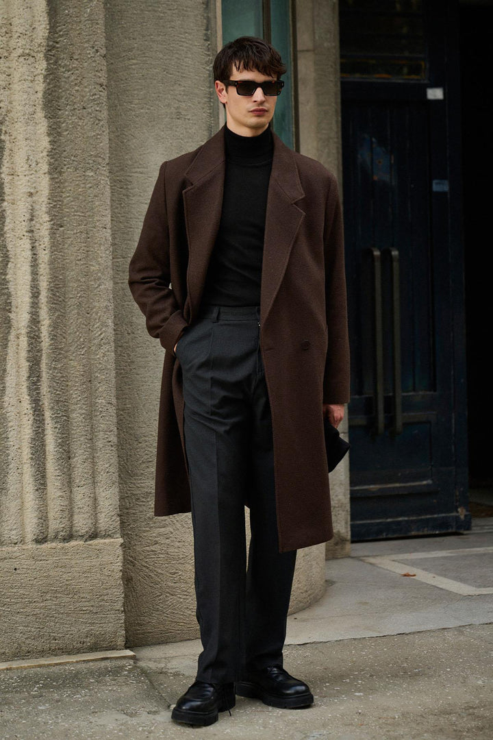 ANT Antioch Coffee Wool Blend Herringbone Double-Breasted Men's Coat - Longueuil