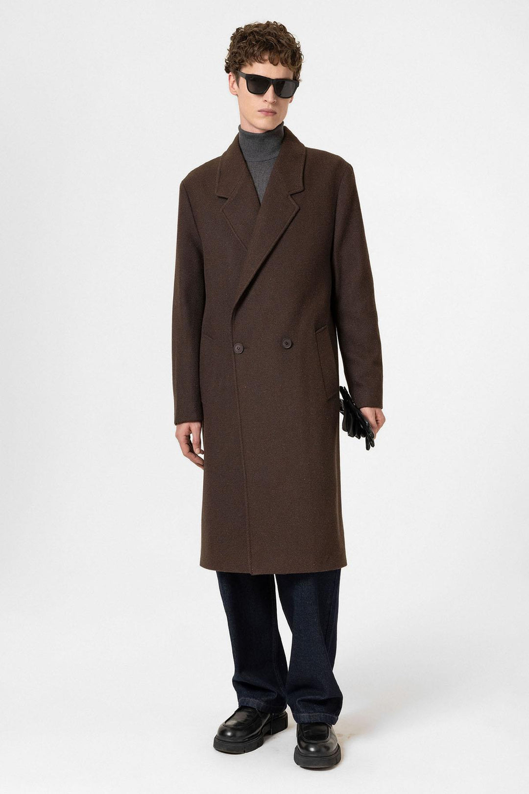 ANT Antioch Coffee Wool Blend Herringbone Double-Breasted Men's Coat - Longueuil