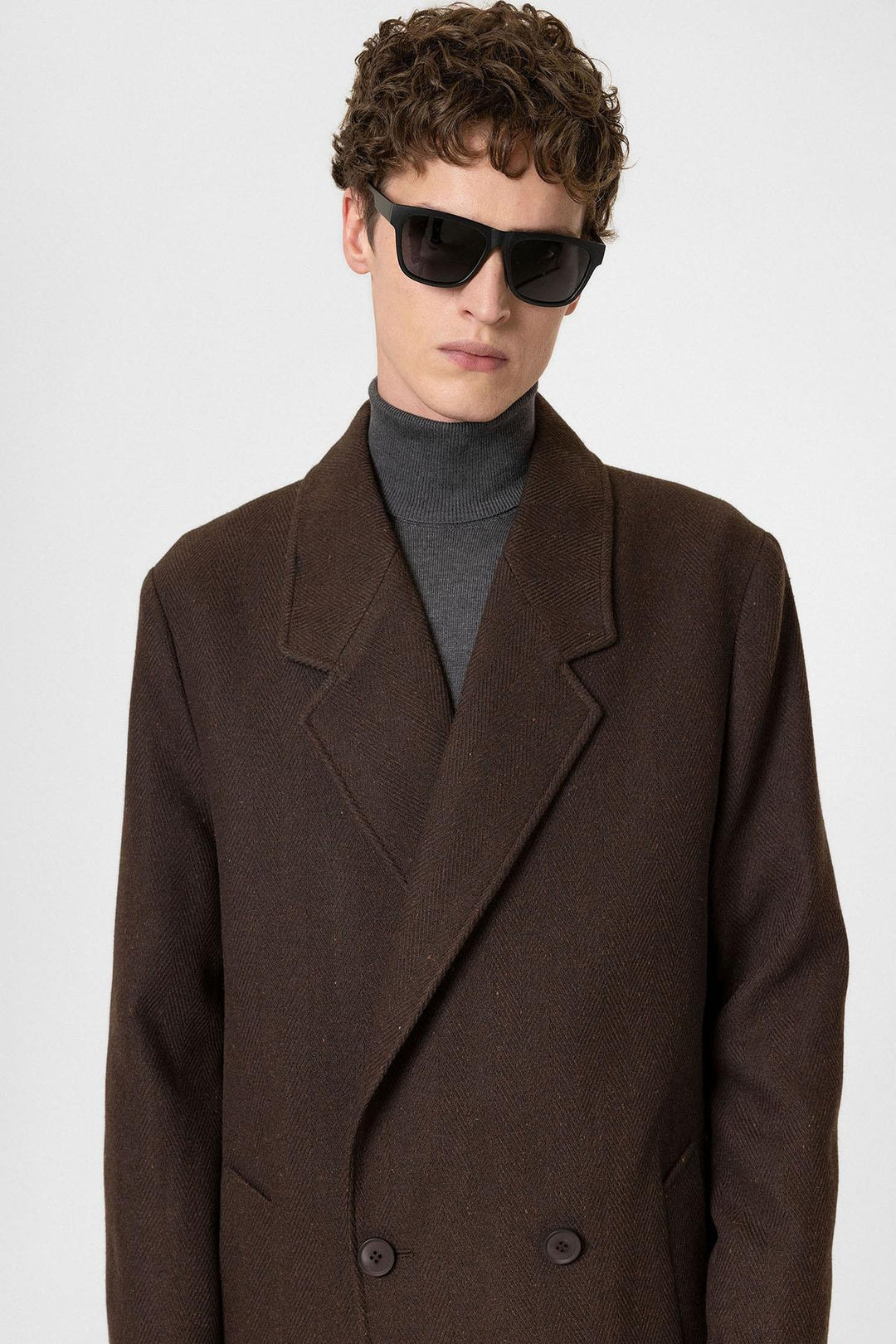ANT Antioch Coffee Wool Blend Herringbone Double-Breasted Men's Coat - Longueuil