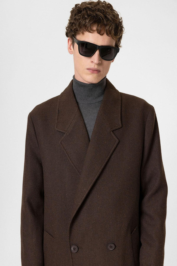 ANT Antioch Coffee Wool Blend Herringbone Double-Breasted Men's Coat - Longueuil