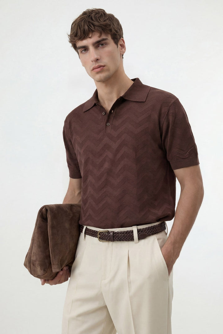 ANT Antioch Kahve Zigzag Desenli Polo Yaka Triko Erkek T-Shirt - Wilrijk