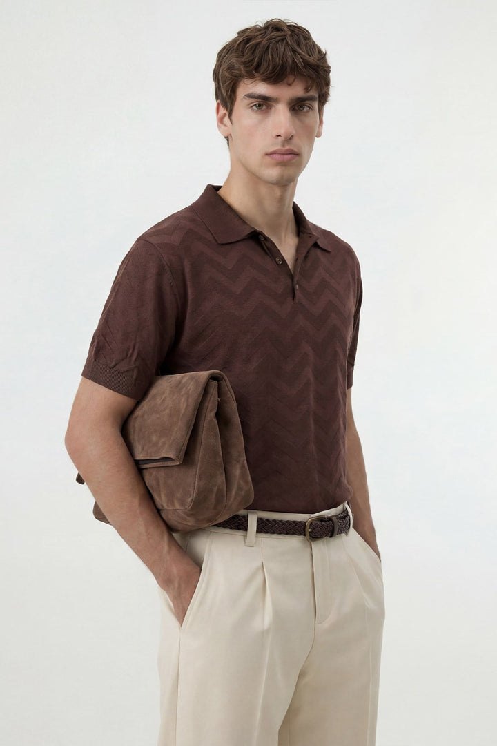 ANT Antioch Kahve Zigzag Desenli Polo Yaka Triko Erkek T-Shirt - Wilrijk