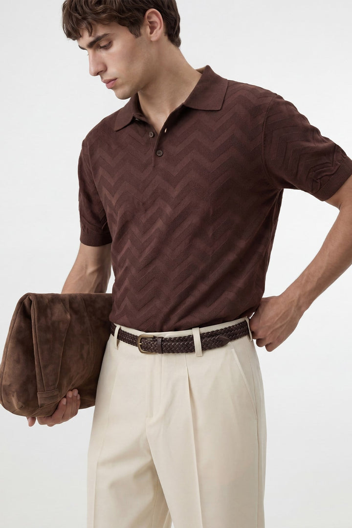 ANT Antioch Kahve Zigzag Desenli Polo Yaka Triko Erkek T-Shirt - Wilrijk