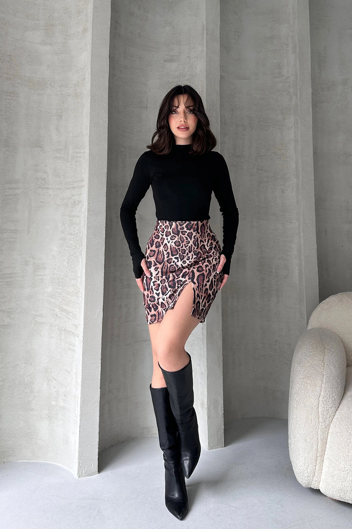 Brown Leopard Print Slit Mini Skirt BCDF-242144 - West Des Moines