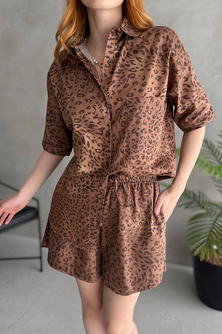 Brown Aerobin Linen Short Sleeve T-shirt and Shorts Set BCDF-253608 - Linton Hall