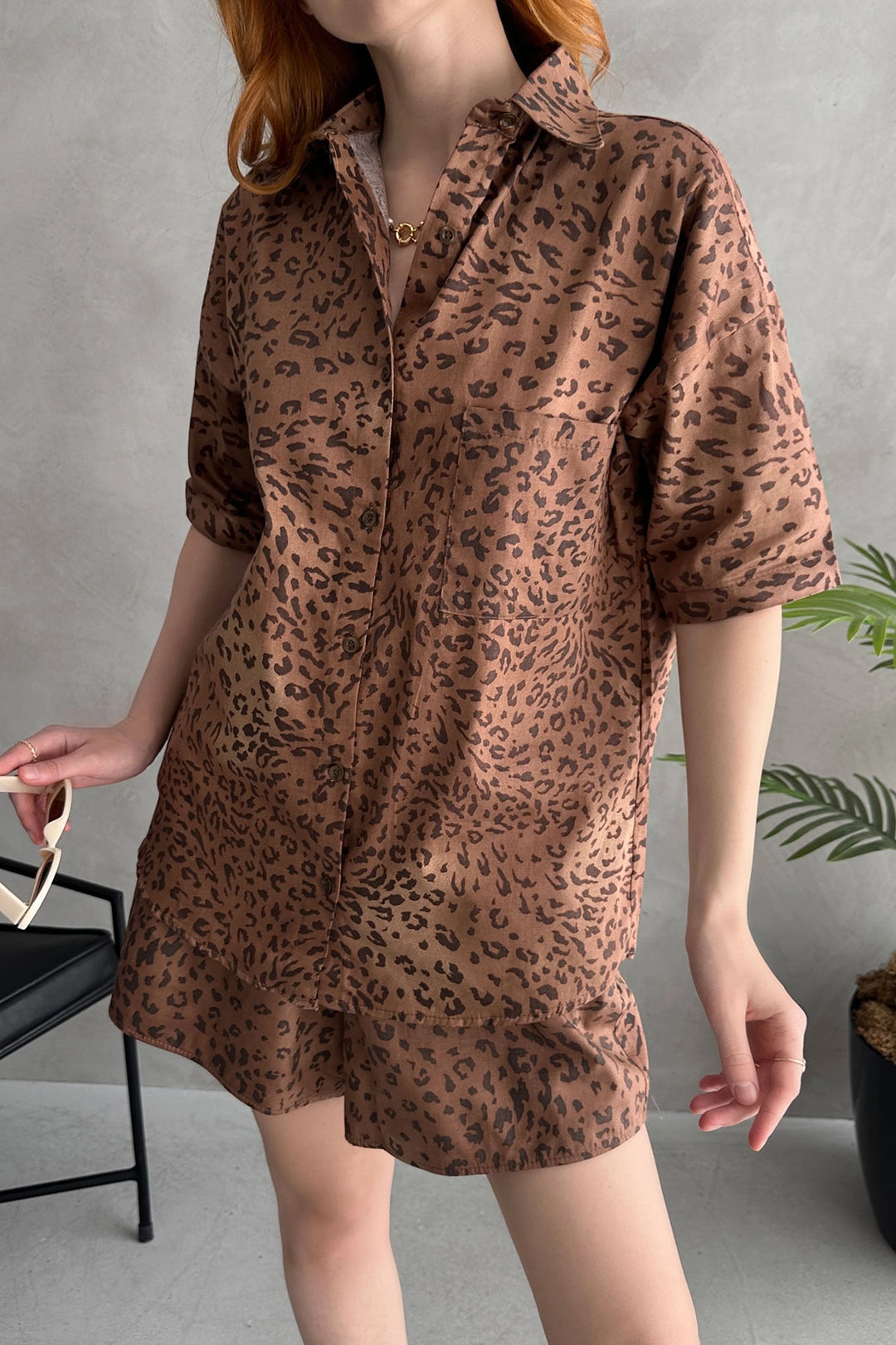 Brown Aerobin Linen Short Sleeve T-shirt and Shorts Set BCDF-253608 - Linton Hall
