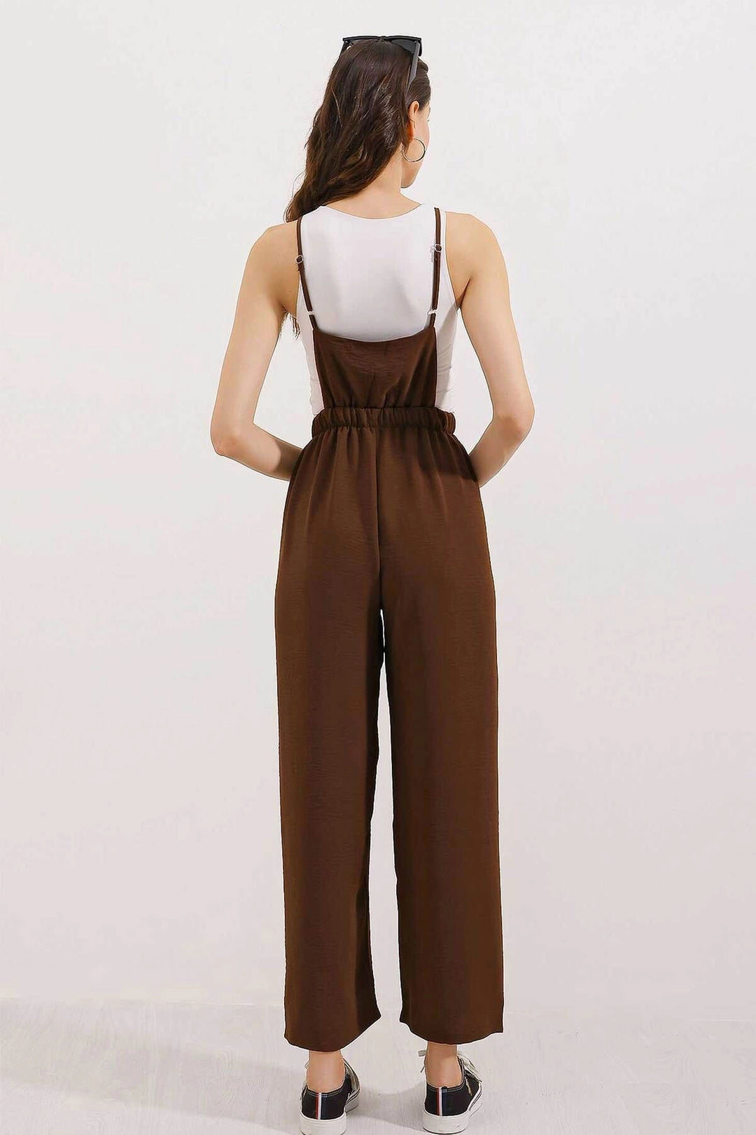 Brown Linen Blend Gardener Jumpsuit with Pocket and Ring Detail Weaving BCIR-251004 - Navapolatsk