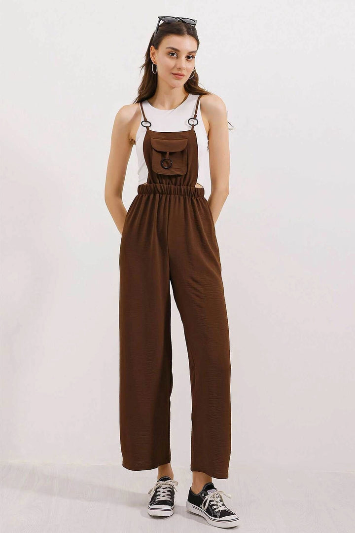 Brown Linen Blend Gardener Jumpsuit with Pocket and Ring Detail Weaving BCIR-251004 - Navapolatsk