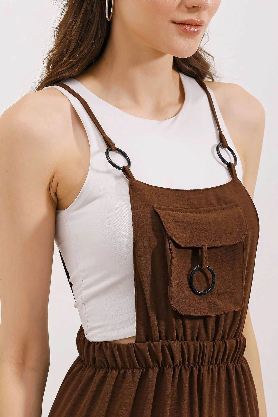 Brown Linen Blend Gardener Jumpsuit with Pocket and Ring Detail Weaving BCIR-251004 - Navapolatsk