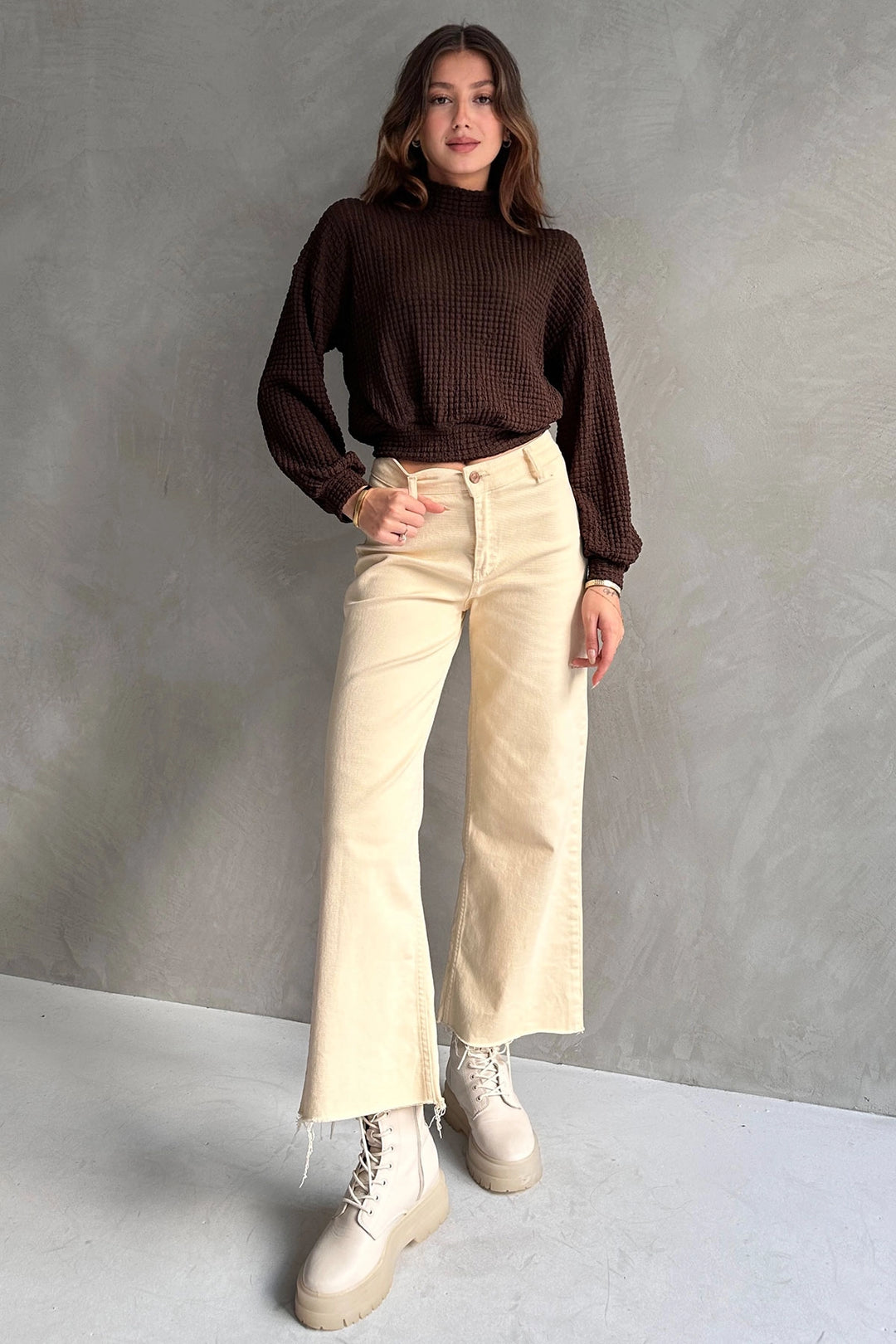 Brown Fisherman Collar Textured Crop Blouse BCDF-242126 - Monroe