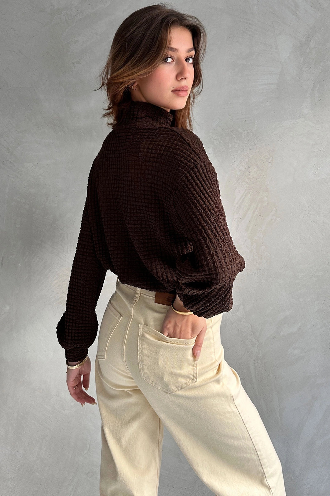 Brown Fisherman Collar Textured Crop Blouse BCDF-242126 - Monroe
