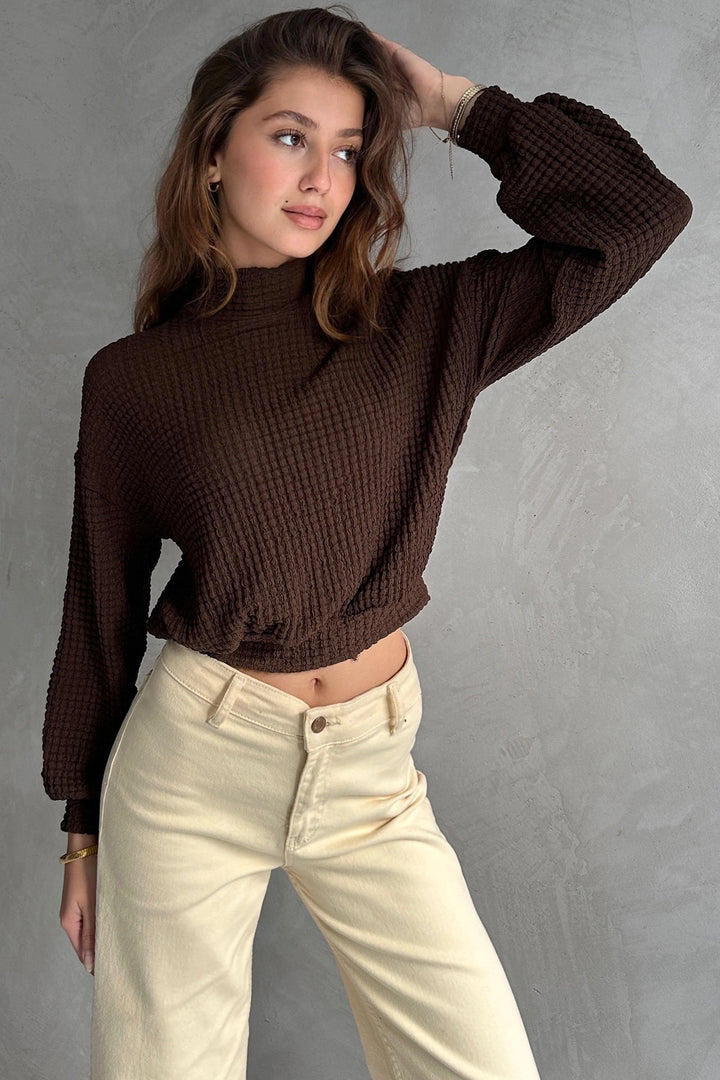 Brown Fisherman Collar Textured Crop Blouse BCDF-242126 - Monroe