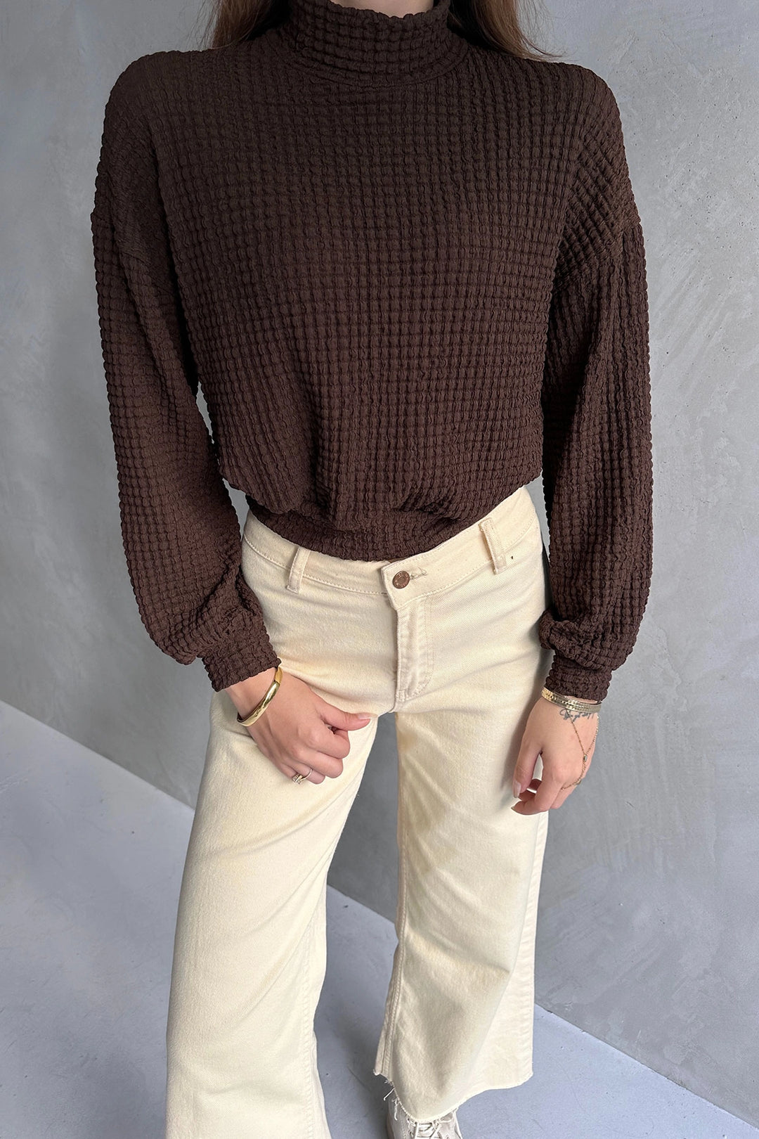 Brown Fisherman Collar Textured Crop Blouse BCDF-242126 - Monroe