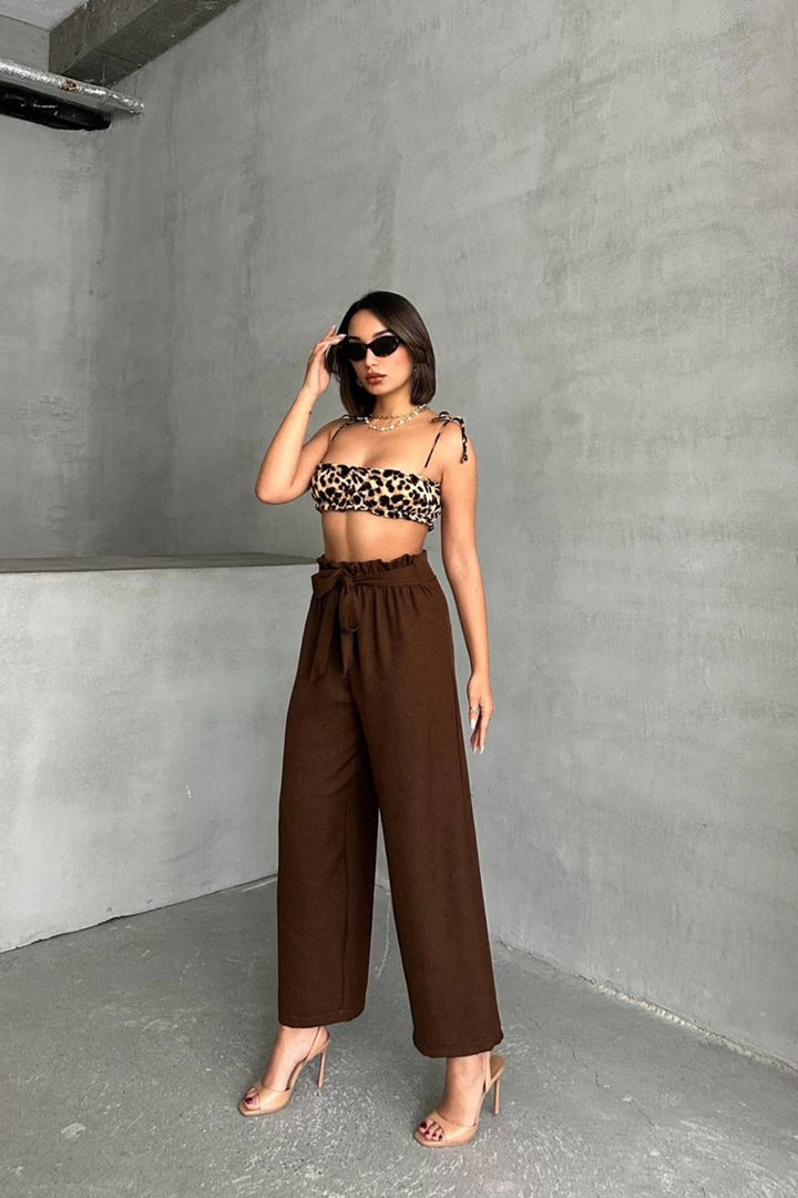Brown Belted Linen Woven Trousers BCHN-2525329 - Caldas da Rainha