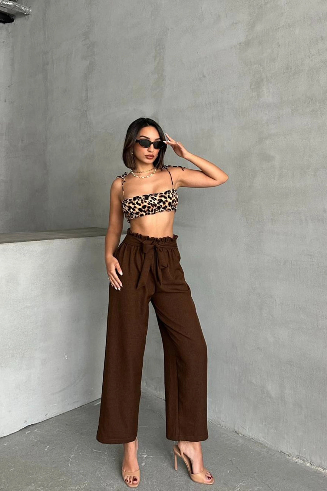 Brown Belted Linen Woven Trousers BCHN-2525329 - Caldas da Rainha