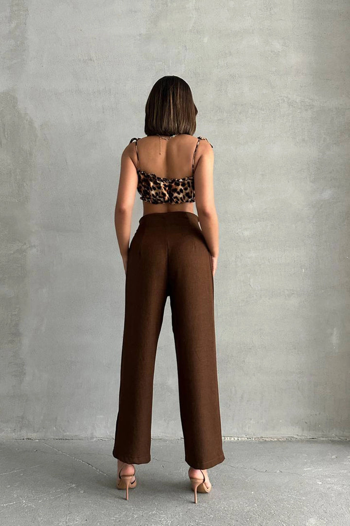 Brown Belted Linen Woven Trousers BCHN-2525329 - Caldas da Rainha