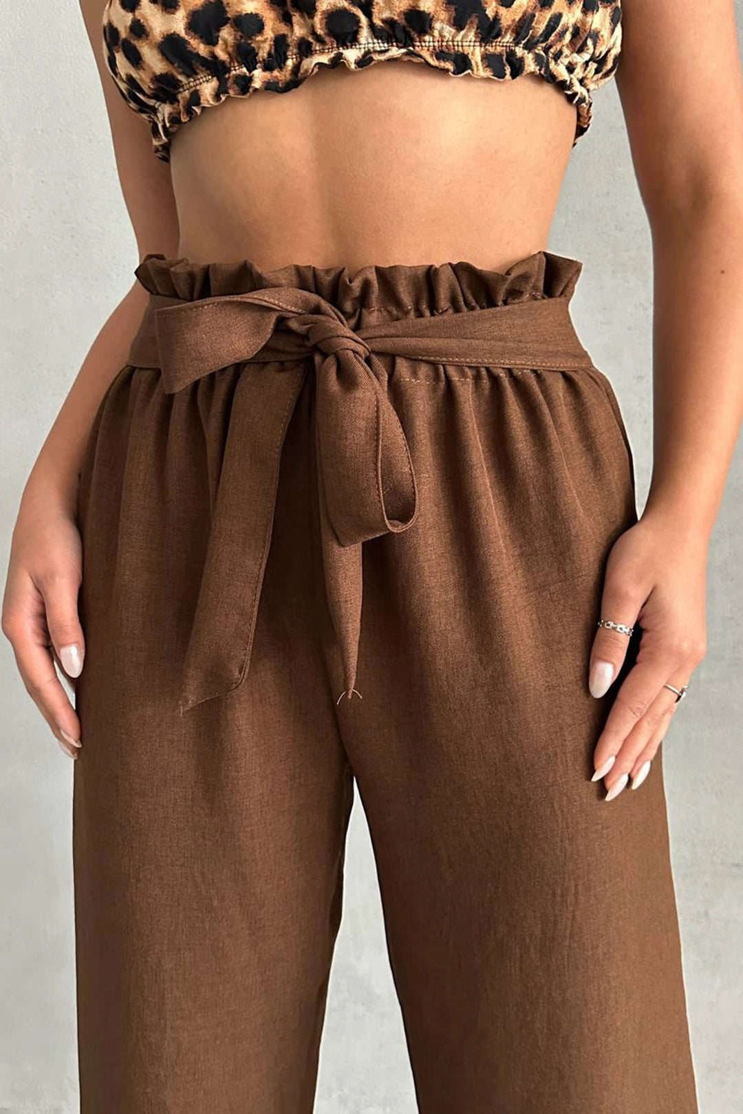 Brown Belted Linen Woven Trousers BCHN-2525329 - Caldas da Rainha