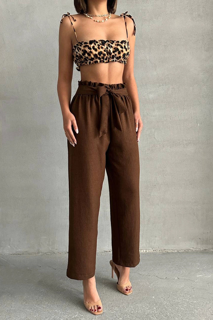 Brown Belted Linen Woven Trousers BCHN-2525329 - Caldas da Rainha