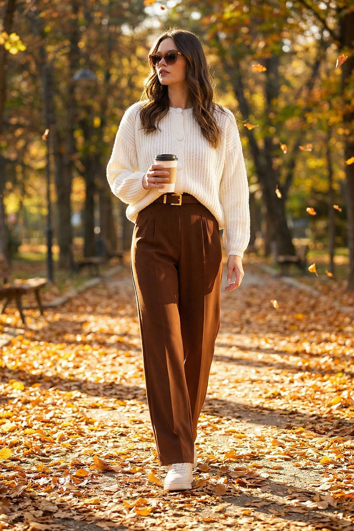 Brown Elastic Waist Button Closure Double Pocket Trousers BCHAV-251229 - Lincoln