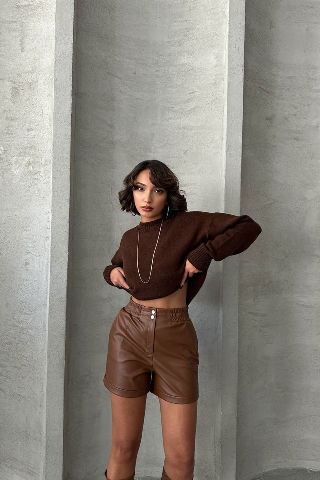 Brown Elastic Waist Faux Leather Shorts BCHN-25261007 - Dreieich