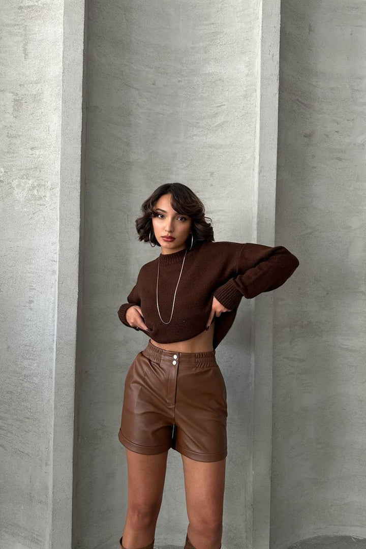 Brown Elastic Waist Faux Leather Shorts BCHN-25261007 - Dreieich