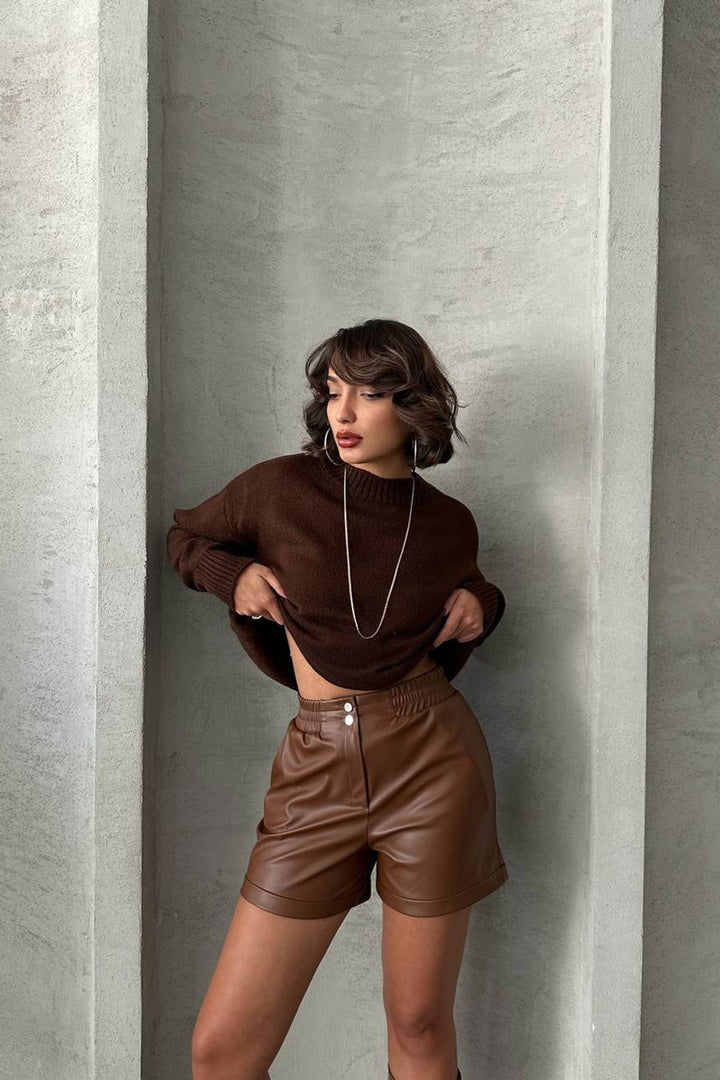 Brown Elastic Waist Faux Leather Shorts BCHN-25261007 - Dreieich