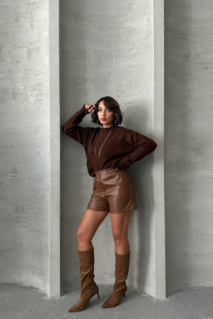 Brown Elastic Waist Faux Leather Shorts BCHN-25261007 - Dreieich