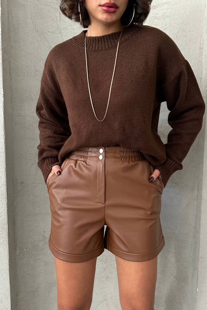 Brown Elastic Waist Faux Leather Shorts BCHN-25261007 - Dreieich