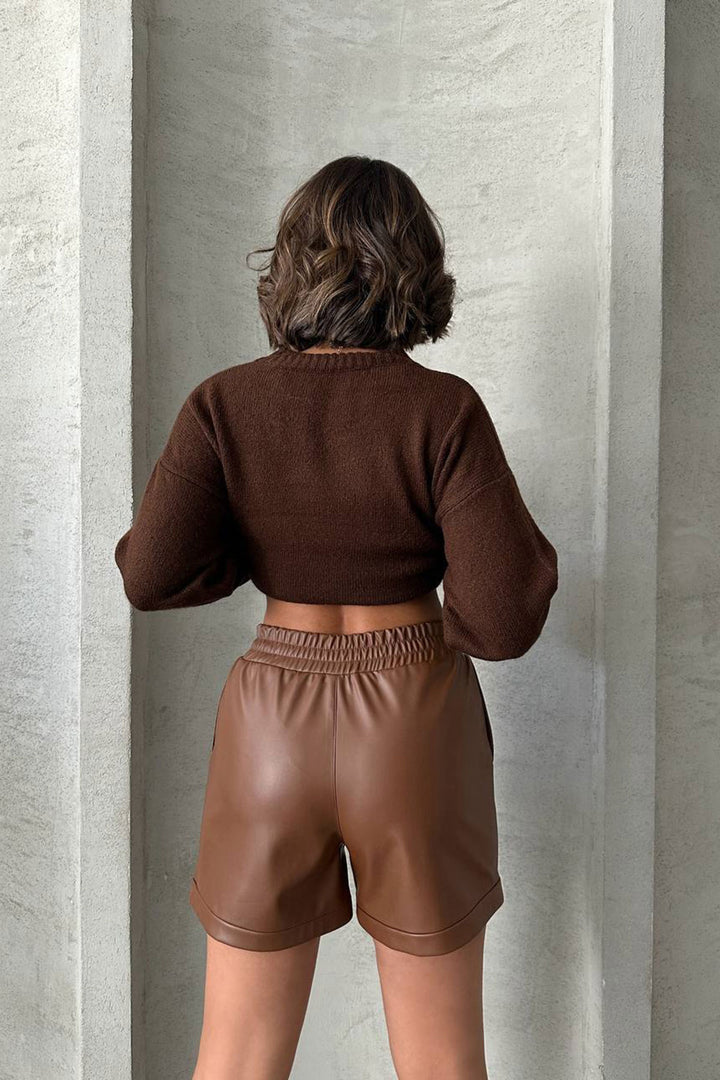 Brown Elastic Waist Faux Leather Shorts BCHN-25261007 - Dreieich