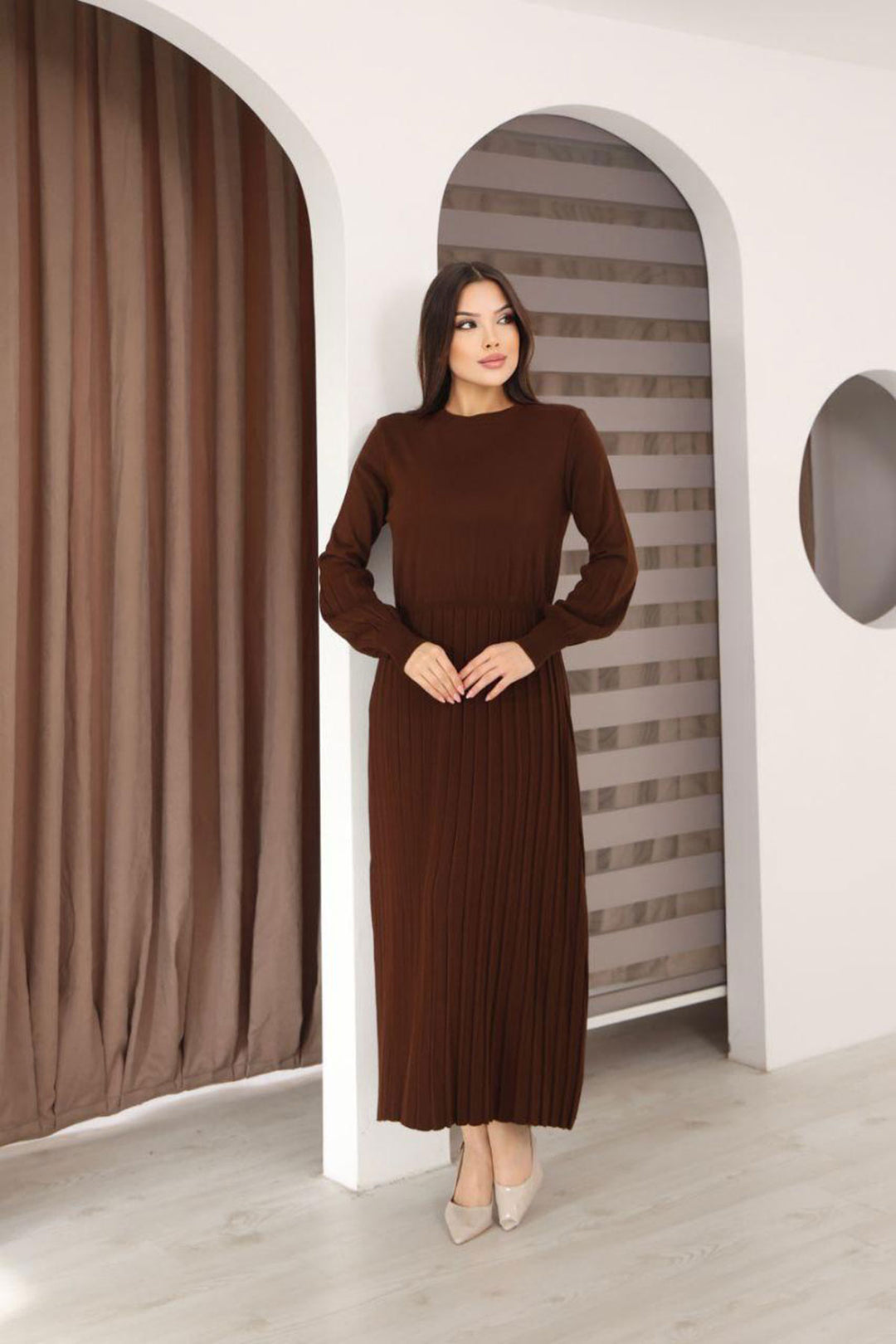 Brown Bicycle Collar Striped Knit Dress BCES-253011 - Bisceglie